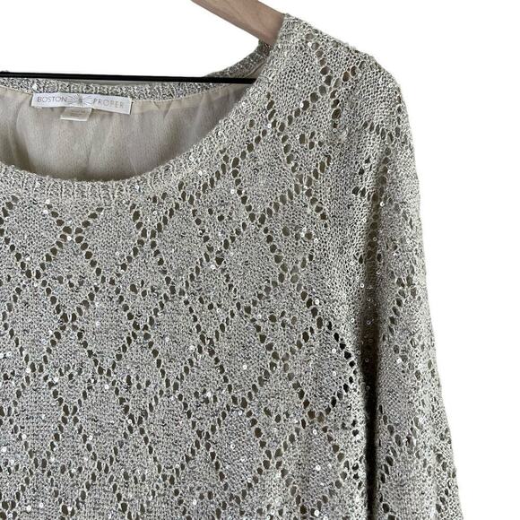 Boston Proper Sequin Embellished Open Knit Sweater Chiffon Lining in Cream, Sz M - Picture 4 of 11